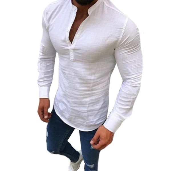 Top V-hals skjorte til mænd Langærmet Henley skjorte hvid L