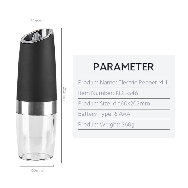 2 kpl Gravity Pepper Mill Sähköinen suola- ja pippurimylly Mausteseosmylly CDQ-WELLNGS