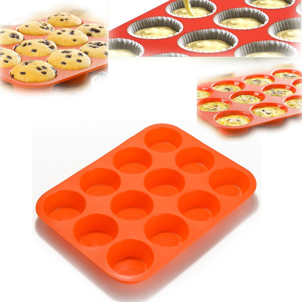 Non-stick 12 koppar Premium Cupcakes Bakplåt Silikon Muffin Pan Diskmaskin Mikrovågssäker (röd)