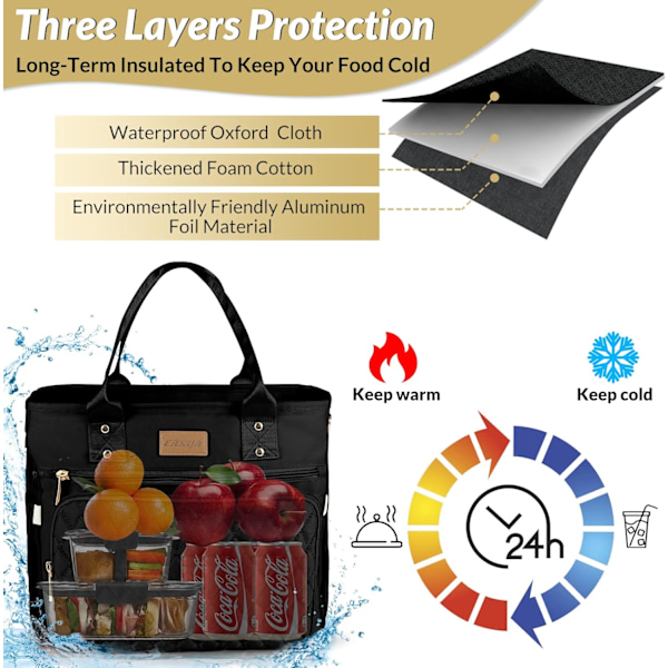 Stor frokosttaske til kvinder til arbejde, isoleret/kølet madkasse til voksne kvinder/holdbar nylon taske til kvinder/læksikker køletaske Black