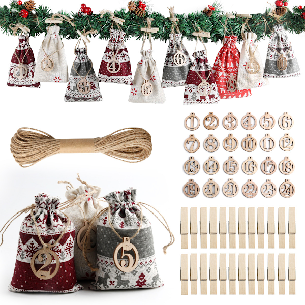 24 adventskalendrar, julklappspåsar, presentpåsar julpåsar med dragsko med nummerlappar, julklappspåsar Presenter (B)