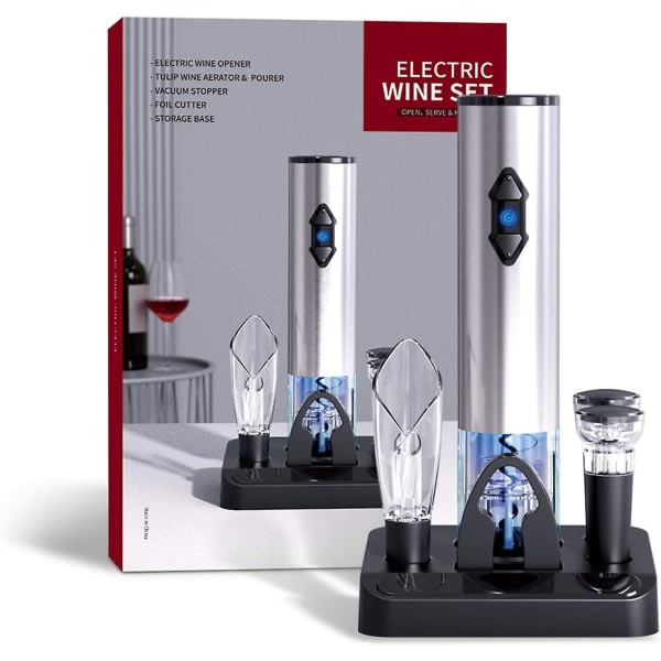 Elektrisk vinöppnare, med bas, automatisk set inklusive vakuumkorkar, 4-i-1 uppladdningsbar present (silver) -ES