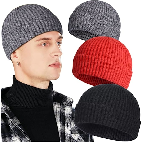 3-pack Ullfiskarkepsar för Män, Kort Stickad Watch Cap med Kant E