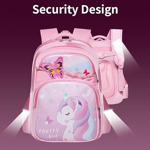 Unicorn skolryggsäck för flickor, dagis förskola ryggsäck, elementära bokväskor med flera fickor, söt och lätt, lila -M