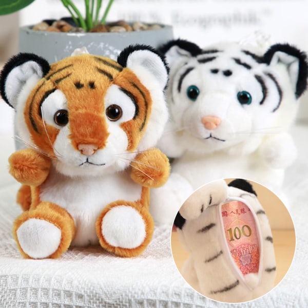 Tecknad docka Plysch myntväska Liten Baby Tiger Dragkedja Nyckelring Hänge Med Spänne Soft Touch Fuzzy Pouch For Flickor Barn Gul