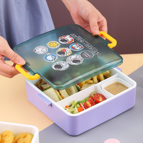 1,3 L Bento-låda för barn med sked Bärbar fyrkantig matförvaringslåda Lila