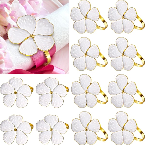 12 Pak Hvide Blomster Højtids Guld Serviet Ring Holder Blomster Serviet Spænde til Bryllup Banket Thanksgiving Halloween Bord Dekoration