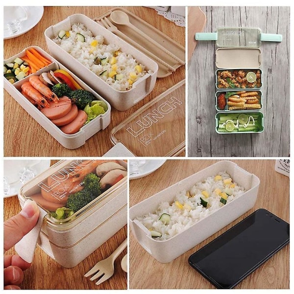 Japansk stil Bento-boks, 3 i 1 fack, vetehalm, miljøvennlig Bento-boks Bento-boks måltid p