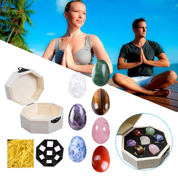 Chakra Stones Healing Crystals Set med oppbevaringsboks tumlad og polert dekorativ prydnad for hjemmekontorets trelåda