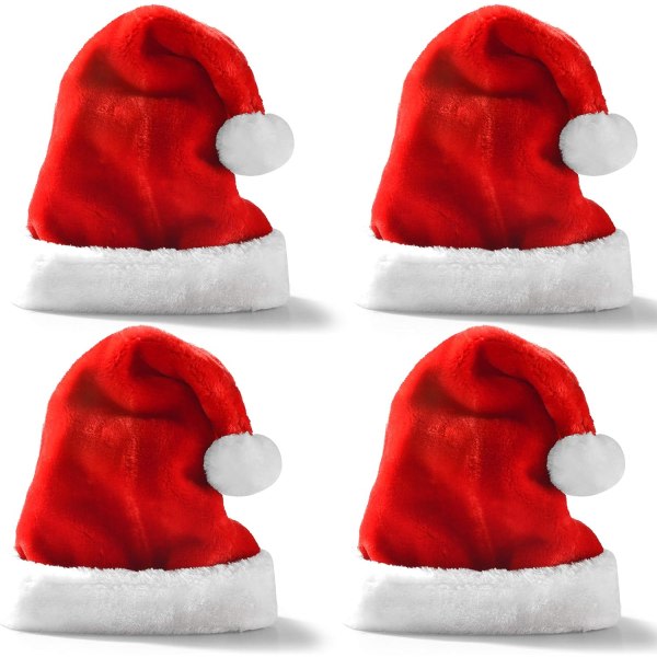 Premium hatte (4-pak), plys rød fløjl julehatte med hvide manchetter