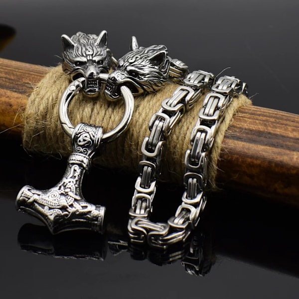 Viking Varg Huvud Hammare Hängsmycke Halsband för Män - Rostfritt Stål[YD]