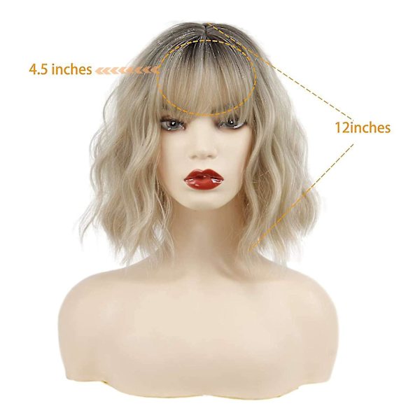 Kort blond peruk Vågig Bob Peruk Med Air Bangs Dam Syntetisk Curly Pastell Bob Peruk