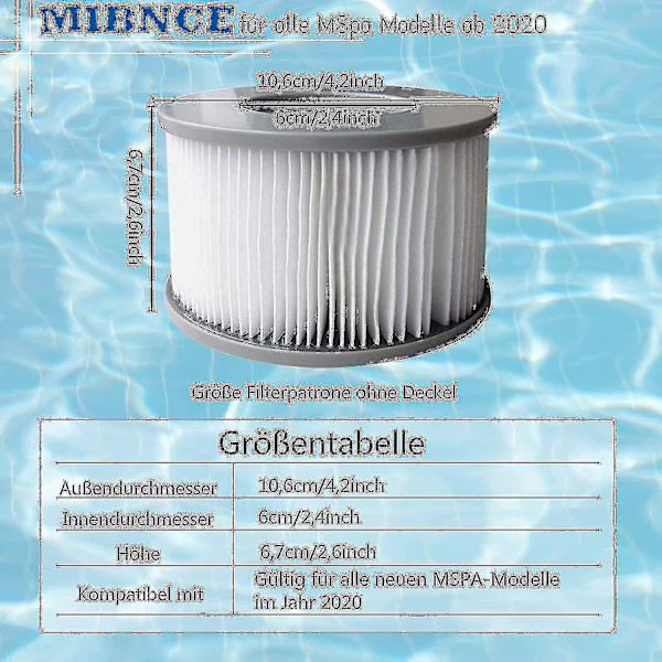8-pak erstatningsfilterpatroner til Mspa oppustelig pool, Ruikalucky Jacuzzi LONG