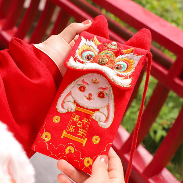 Kanin Röd kuvertväska Tygförvaring Cny Chineses New Year Festival Supplies 2023 Cartoon Brodery Diagonal Bags（C）
