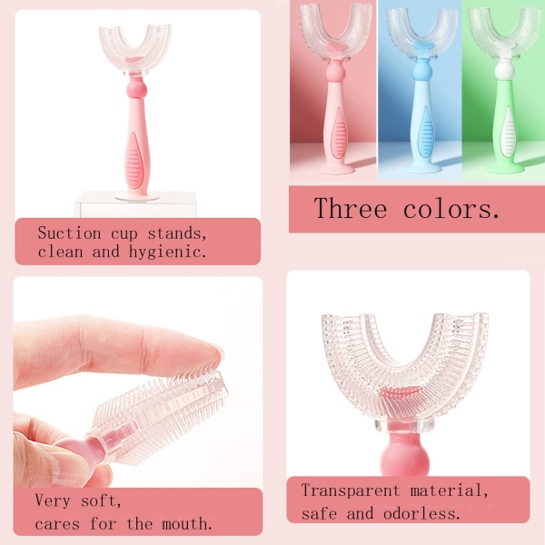 U-formad tandborste för barn, mjukt silikonborsthuvud av livsmedelskvalitet, 360° oral tandrengöringsdesign för småbarn (2-6Y, körsbärsblompulver)
