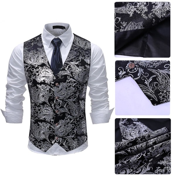 Allthemen Mens V- printed Business Casual Guld Silver Suit Väst Black Silver L