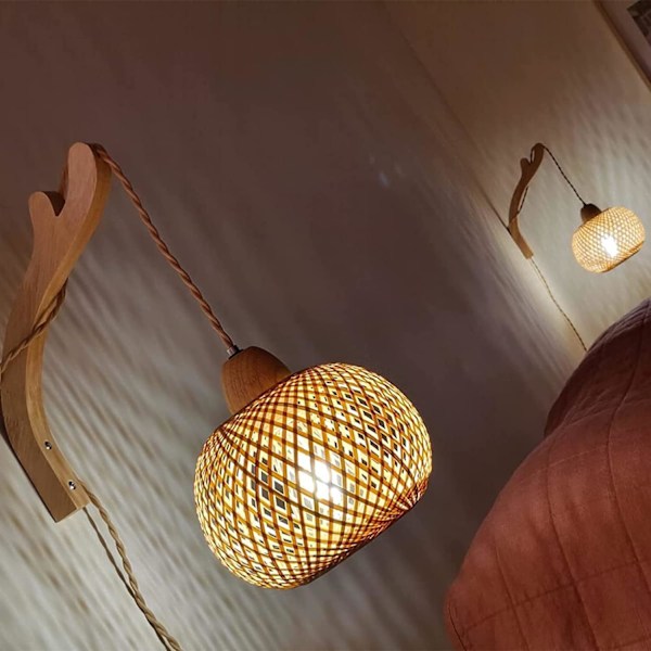 Vintage væglampe i træ med fatning og kontakt, E27 retro bambus lanterne, rotting sengelampe (ingen pære) [Energiklasse F] Rattan Lampshade