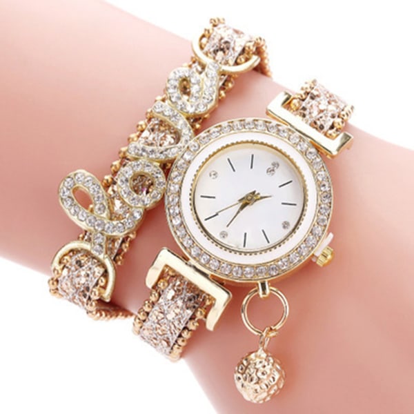 Kvinde Armbåndsure - Dame Love Læderrem Rhinestone Quartz Ur Gold