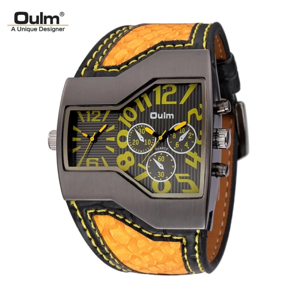 Oulm Klokker Topmærke Luksus Militær Quartz Ur Unik Multipel Tidszone Læderarmbånd Herrearmbåndsur Relogio Masculino Yellow