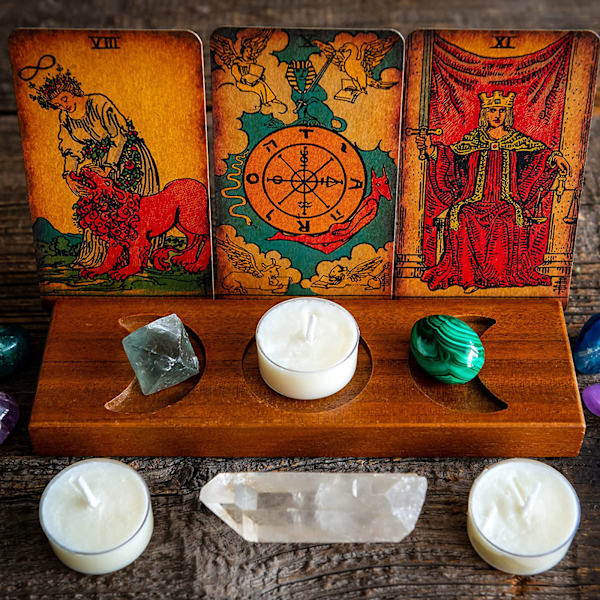Trä Triple Moon Stativ Trä Tarotkort Ljusdisplayhållare Altartillbehör