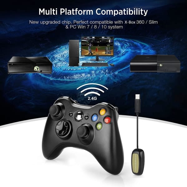 Tr?dl?s handkontroll f?r Xbox 360, 2,4 GHz Gamepad Joystick tr?dl?s handkontroll (svart)