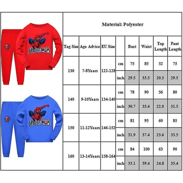 Børn Drenge Piger Spiderman Pyjamas Langærmede T-shirt Bukser Nattøj Pjs Set Superhelte Pyjamas Outfits til 7-14 år