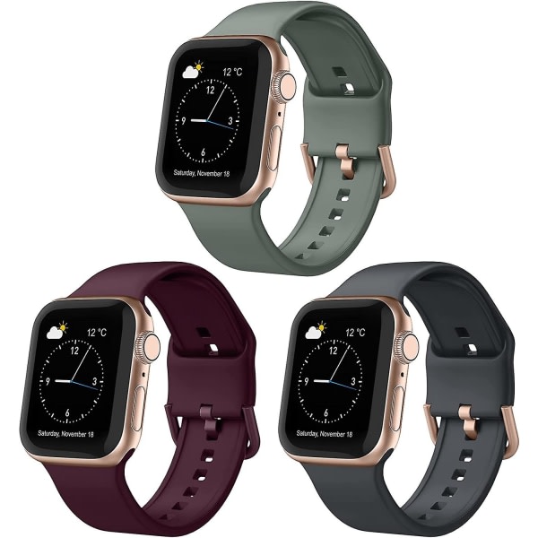3-pack yhteensopiva Apple Watch Ranneke 41 mm 40 mm 38 mm silikoni Sportarband Klassiskt spänne Ersättningsrem för Iwatch Series Watch 7 6