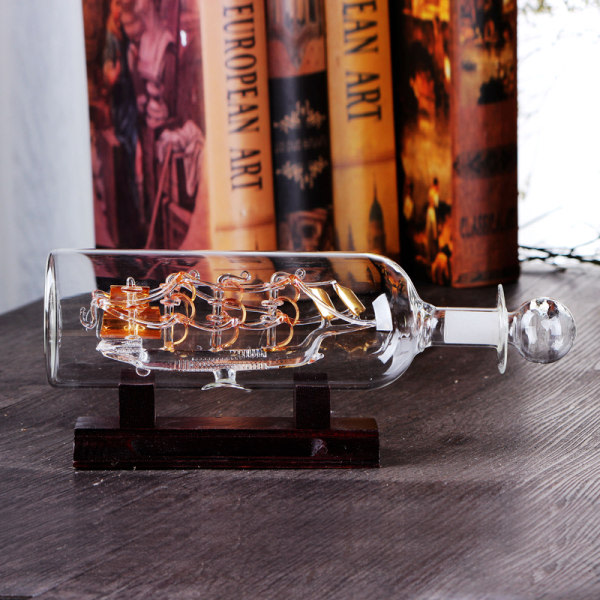 Segelbåt drivende flaska med träbotten 3D dekorativ glassprydnad Skepp i vinflaska 24*10,2 cm Guld