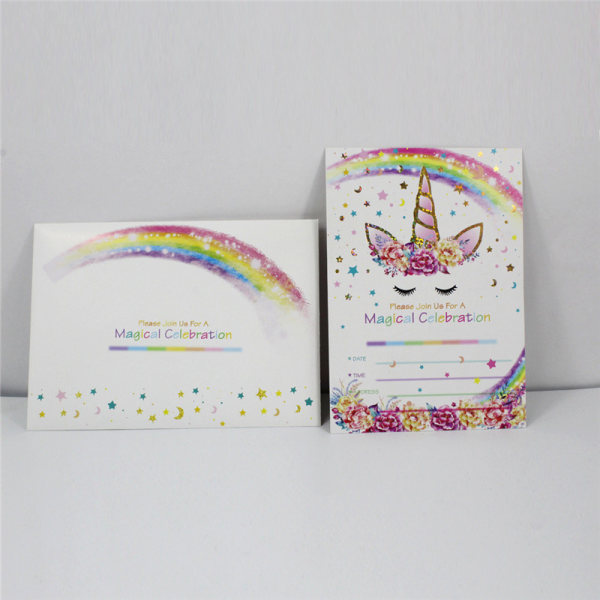 24 stemplede enhjørning fødselsdagsinvitationskort Rainbow Star konvolutsæt (kort 2)