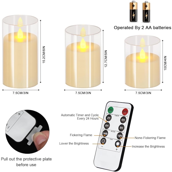 Flameless stearinlys 4\" 5\" 6\" Sæt med 3 akrylglas søjler 3\" diameter Batteridrevne flimrende stearinlys White