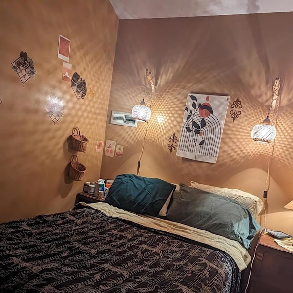Vintage vegglampe i tre med sokkel og bryter, E27 retro bambuslykt, rotting sengelampe (ingen lyspære) [Energiklasse F] Rattan Lampshade