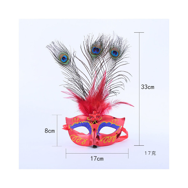3-delt hulhale maske rød påfuglehår maske