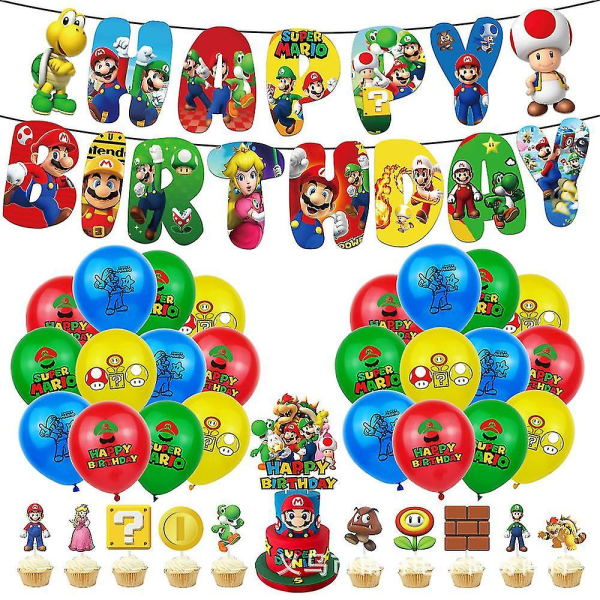 Super Mario Onnea syntymäpäivänä -juhlatyyliset koristeet, ilmapallot, lippu, banneri, kakku ja cupcake-koristeet