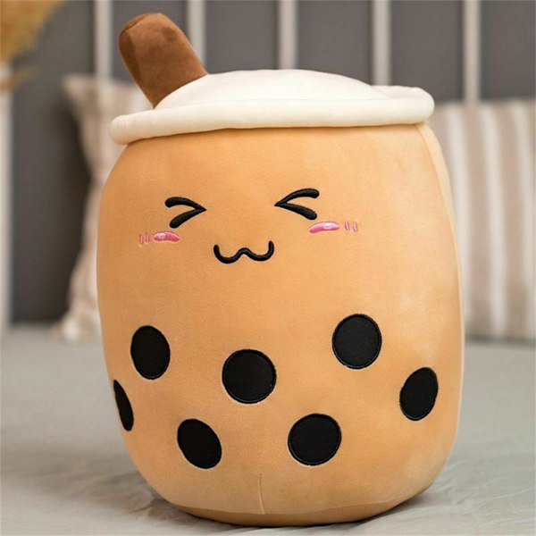 Blød, fyldt plys bamse Bubble Tea Boba Cup-mønster 35cm-Brown Close Eyes