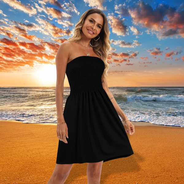 Dame Sol Stroppeløs Tube Kort kjole Sommerkjoler Casual Mini Beach Cover Up
