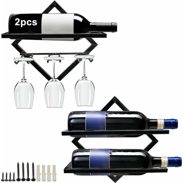 Vinflaskställ i metal, hopfällbart og hängande vinskåp for 2 flaskor, vægmonteret vinskåp til køkken, bar og kildere (2 modeller)