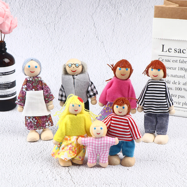 Trädockor Leksaker Figurer Möbler Hus Familj Miniatyr 7 St B