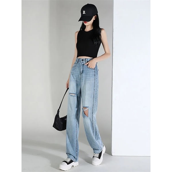 FINORD Mode Vintage tvättad Casual Streetwear Rippade jeans Stort hål Hög midja jeans Dam Streetwear Koreanska lösa jeans Blå XL