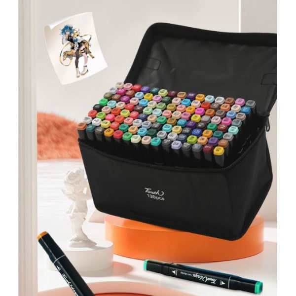 60-delt sett med tusjpenner med etui - Dobbeltsidige penner i flere farger