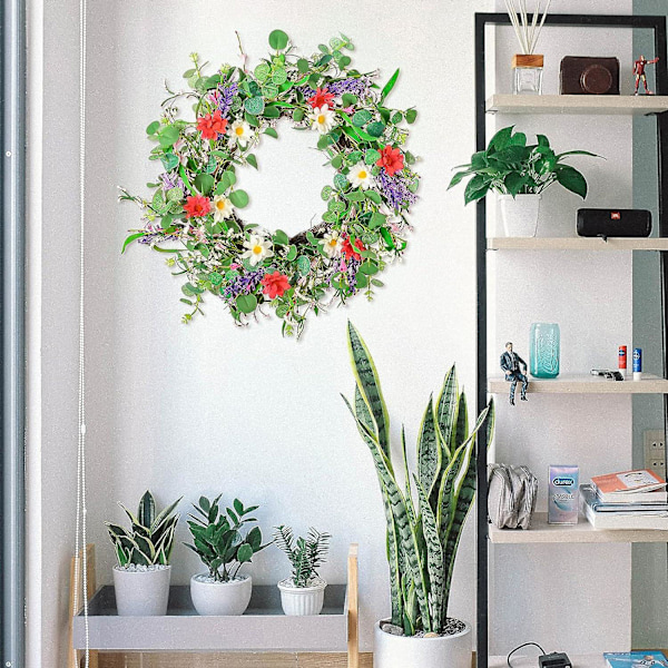 22-tommers dørkrans, vår sommer kunstige krans eukalyptus blomsterkrans året rundt dekorasjon for ytterdør, hjem, vindu, vegg, bryllup, fest (w