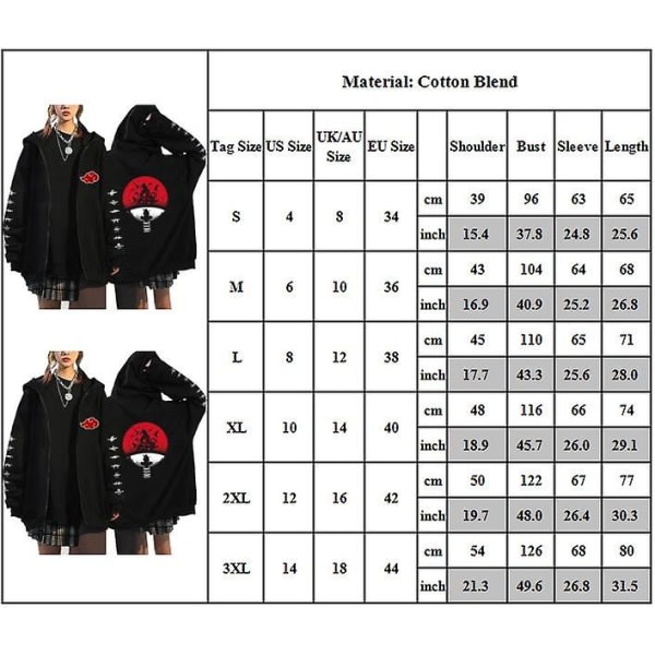Naruto Hupparit Aikuisten Muoti Rento painettu huppari Vetoketjullinen takki Takki Topit Lahjat 3XL