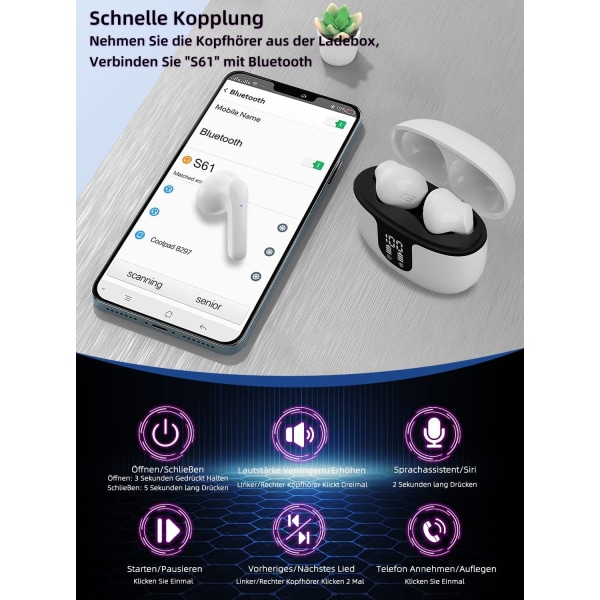 Bluetooth-hodetelefoner i øret, hodetelefoner trådløs Bluetooth 5.2 HiFi