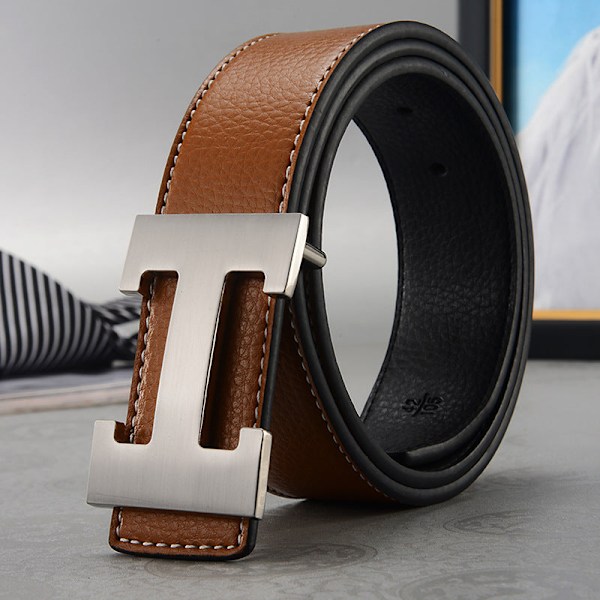 Belte Herre Casual Trendy Allsidig Mellomaldrende Personer Ungdom Buksebelte Gulbrun Sølvspenne Yellowish brown Silver Buckle 120cm