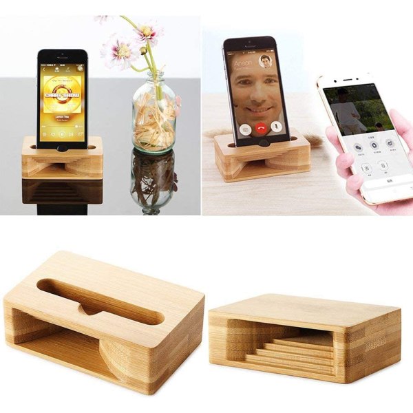 Puhelimen äänenvahvistin Universal bambusta valmistettu matkapuhelinteline. Matkapuhelimen puinen kaiutinteline