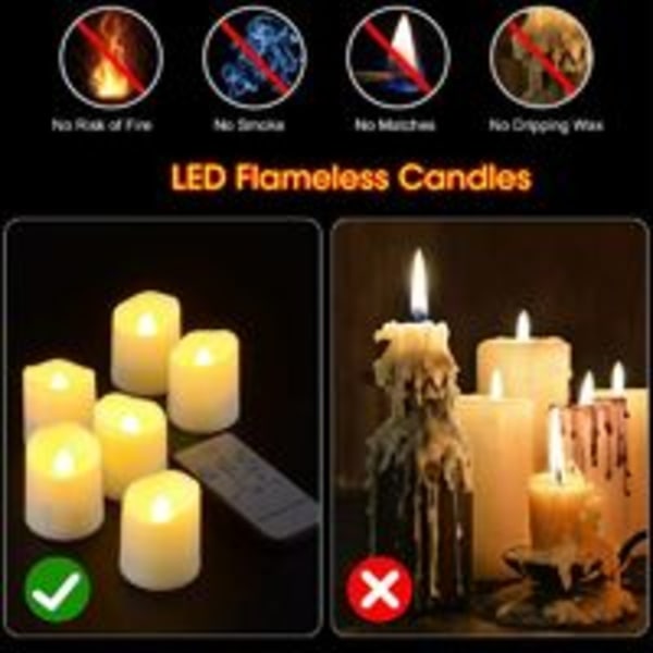 (c)Uppladdningsbara LED-lampor, 6-pack Flamlösa Ljus med Fjärrkontroll Flimrande Ljus med USB-laddningskabel för Halloween Hem