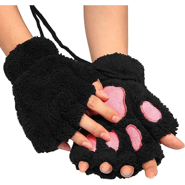 Kvinner Bjørn Plysj Cat Paw Claw Glove Myke vinterhansker Fingerløse hansker (svart)