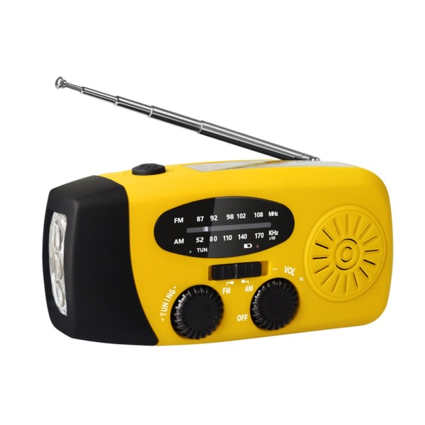 Krankradio med solceller / lommelygte - 2000mAh Powerbank Gul