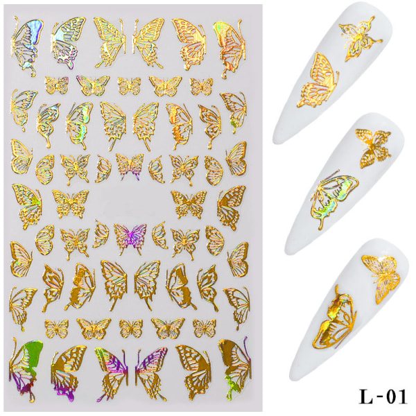 Butterfly Nail Art Stickers, 8 ark Guld Sølv 3D