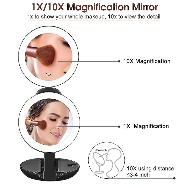 Opgraderet genopladeligt LED-belyst rejseforstørrelsesspejl, 1x/10x forstørrelse kompakt makeup-spejl med lys,