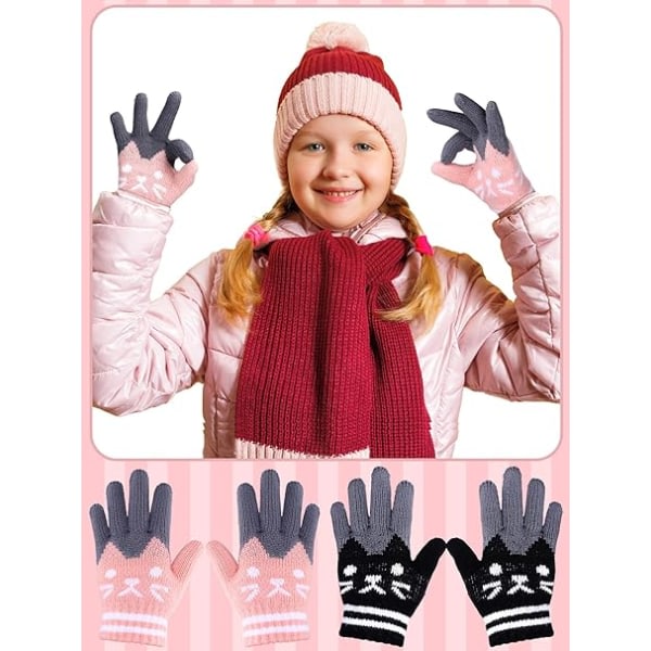 2 par varma stickade vinterhandskar for barn, svarta og rosa